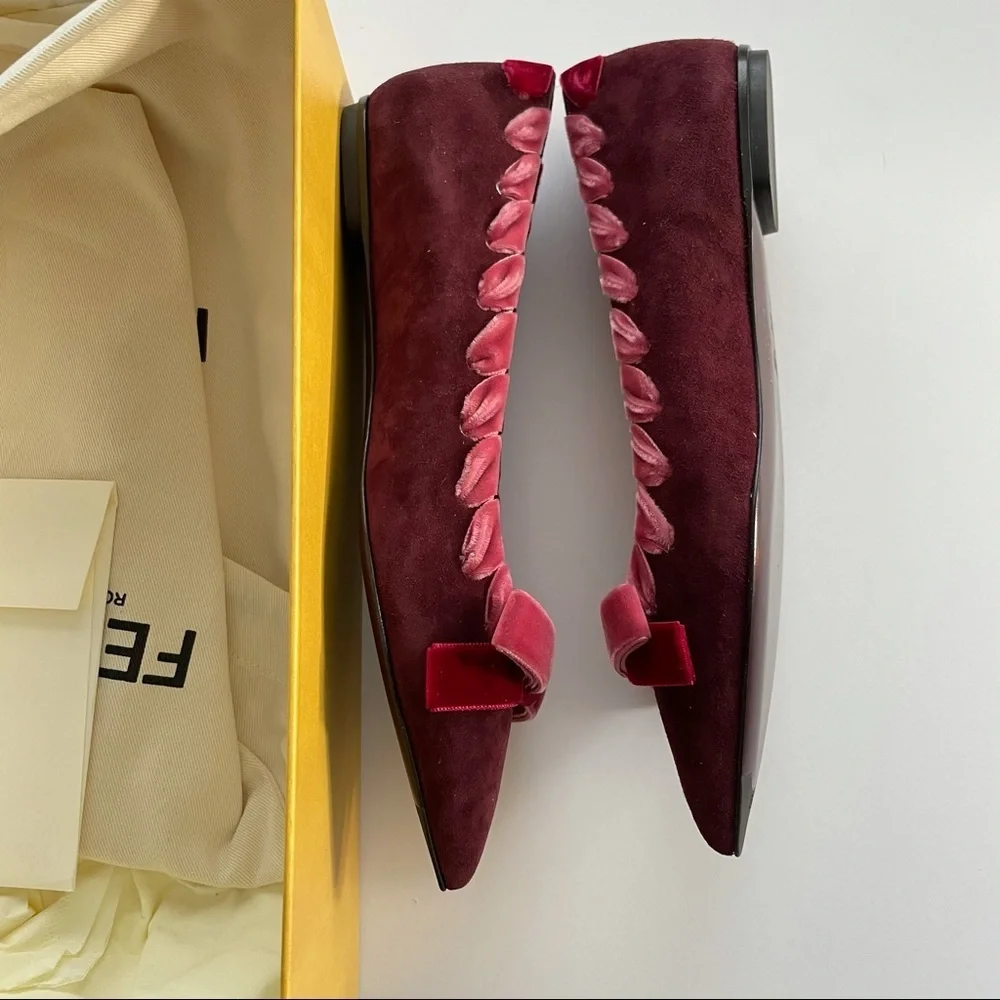 FENDI Velvet-trimmed suede point toe flats 35.5 burgundy wine red ribbon laced